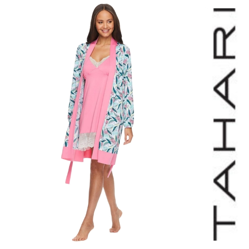 Tahari Tropical Palm Leaf Print Balloon Sleeve Robe In Azalea Pink